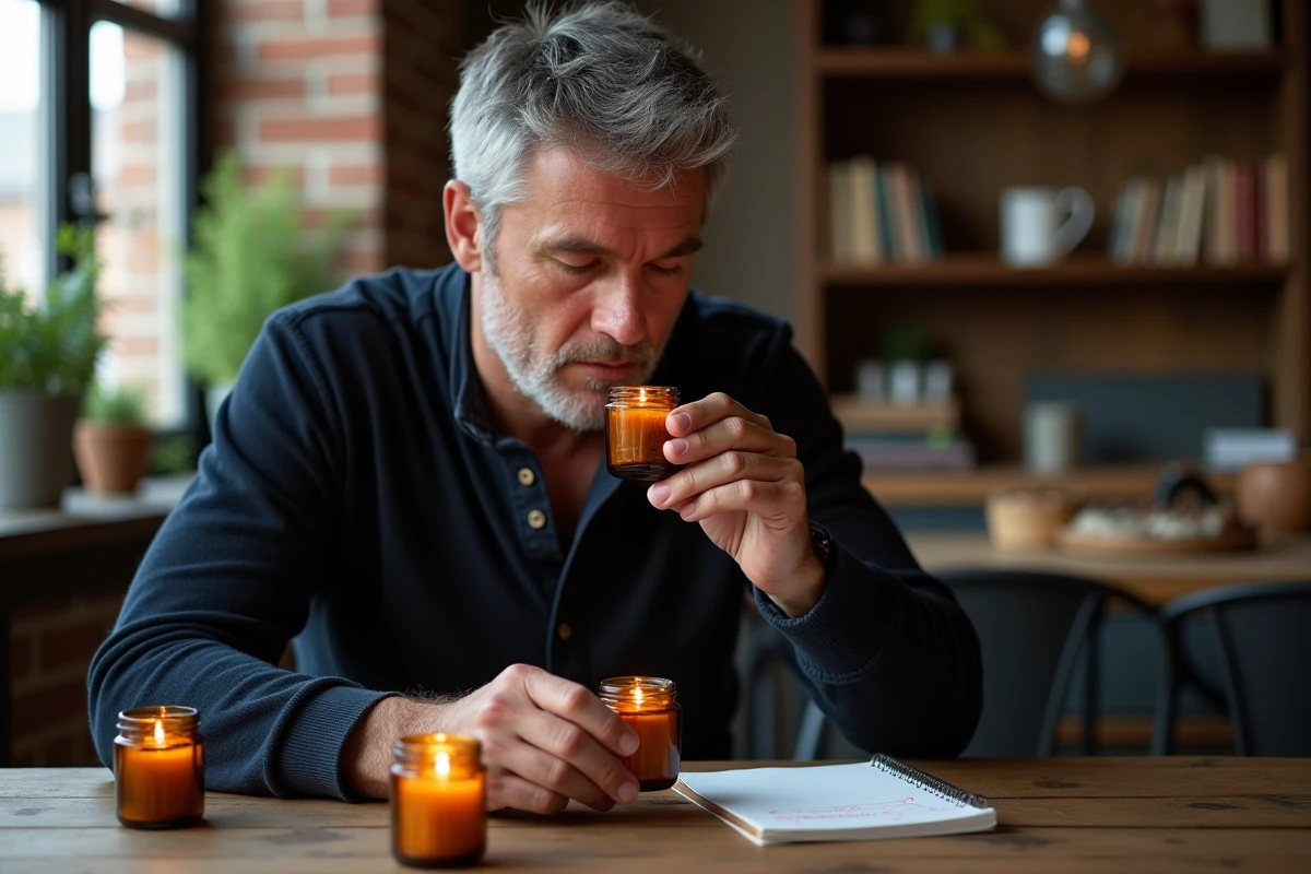 Homme testant le parfum d'une bougie en pot chez lui avant de l'acheter