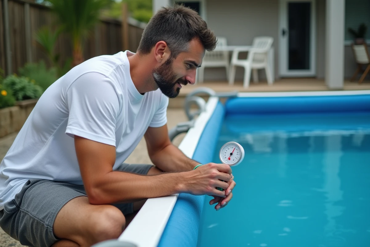 Homme vérifiant la température d'une piscine hors sol rectangulaire avec un thermomètre