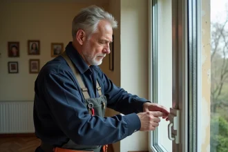 Vitrier inspectant un double vitrage vieilli de 10 ans dans une maison française, évaluant l'état du joint de fenêtre
