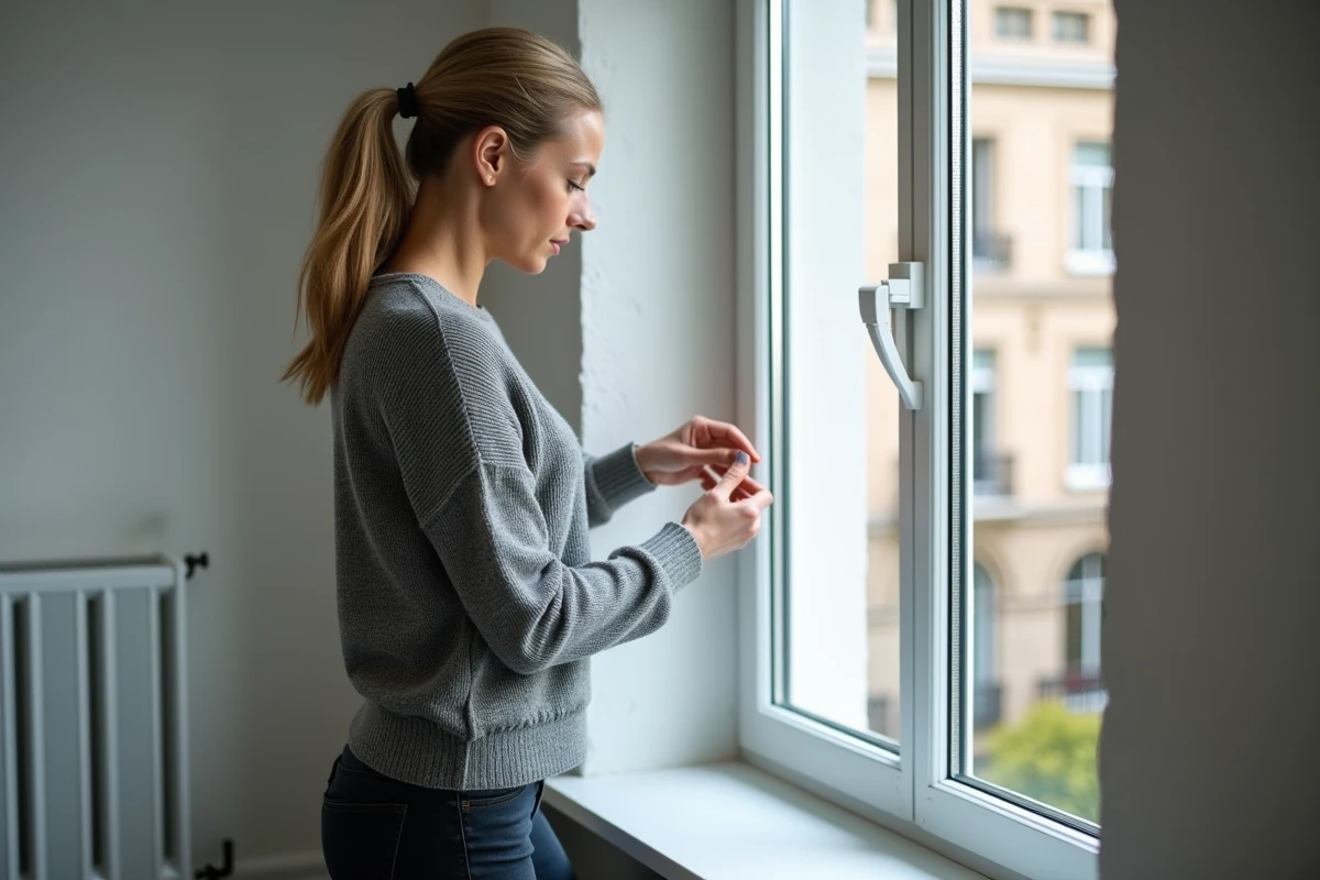 Femme inspectant l'isolation d'une fenêtre à double vitrage dans un appartement pour améliorer le DPE