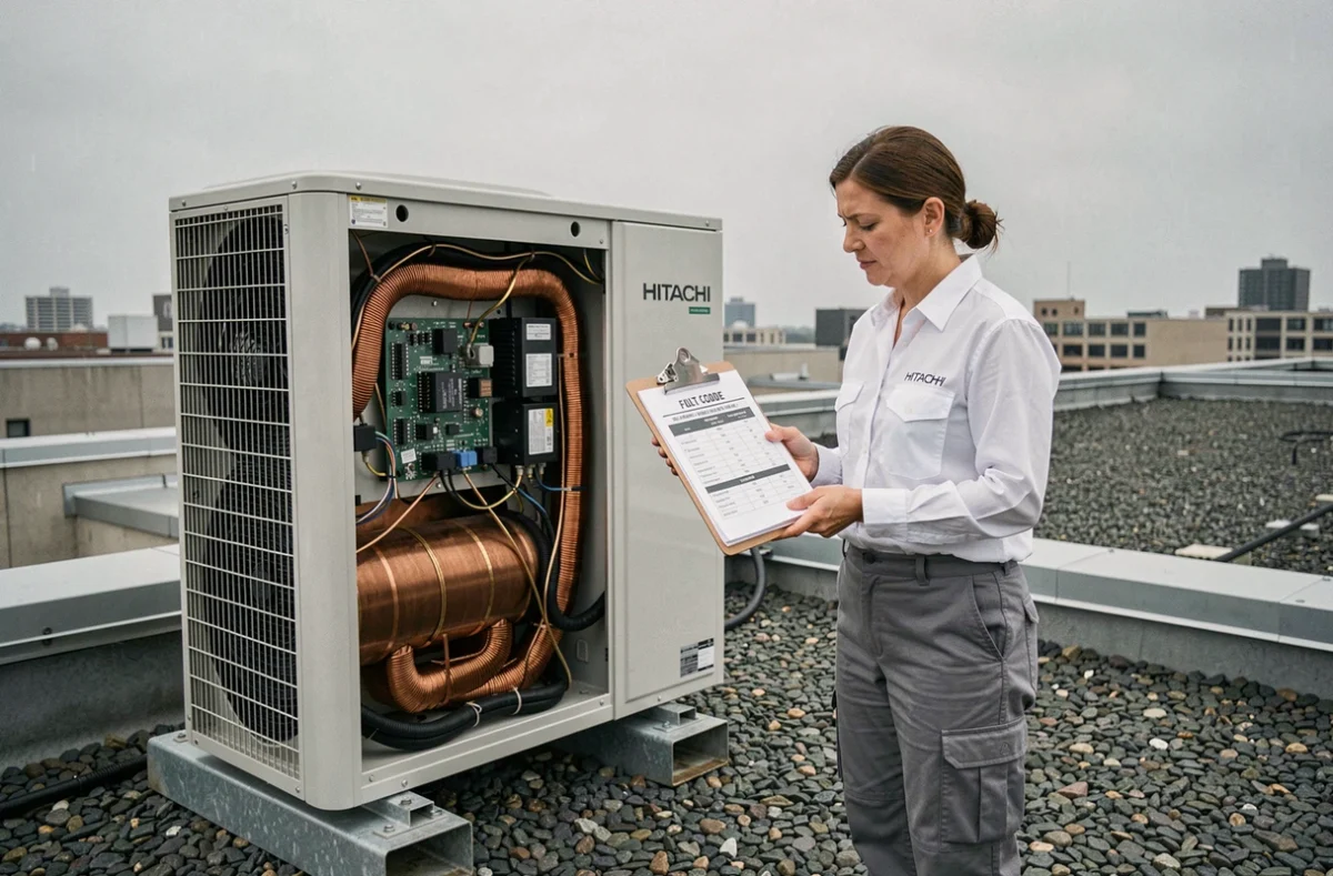 Technicienne inspectant les composants internes d'une pompe à chaleur Hitachi sur un toit commercial avec fiche de codes erreur