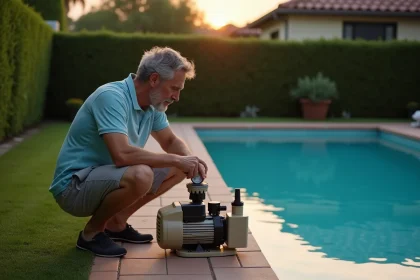 Homme inspectant une pompe de piscine résidentielle en extérieur au crépuscule