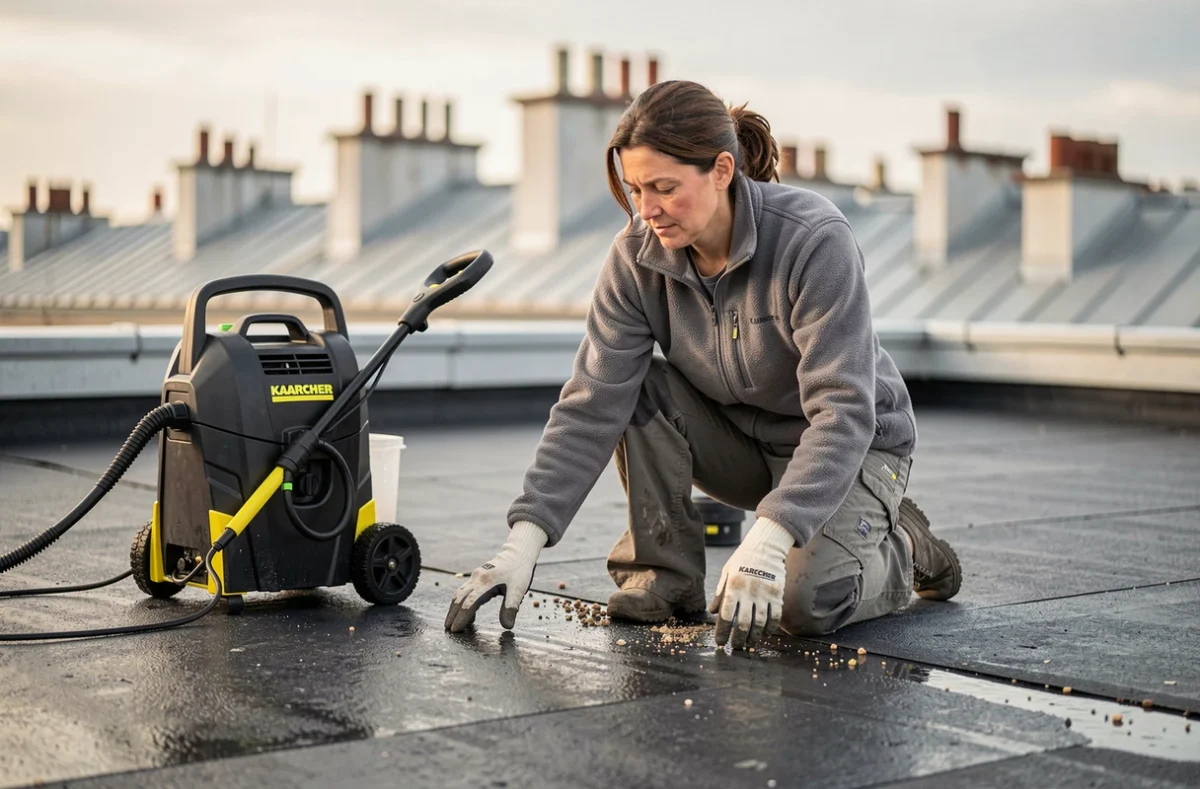 Femme inspectant une toiture terrasse après nettoyage au Karcher avec un appareil haute pression posé à côté sur un toit plat urbain