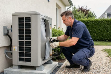 Technicien professionnel installant une pompe à chaleur sur la façade d'une maison dans le Rhône