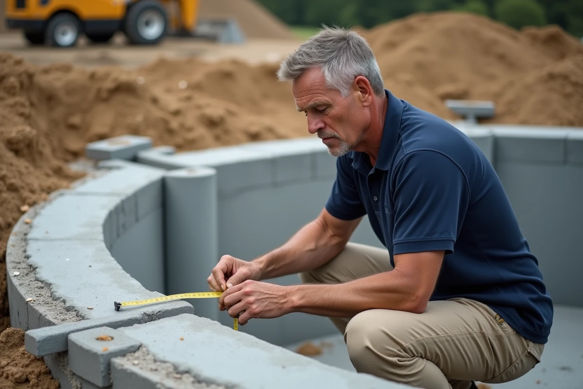 Professionnel de l'installation de piscine enterrée inspectant la structure en béton projeté sur un chantier
