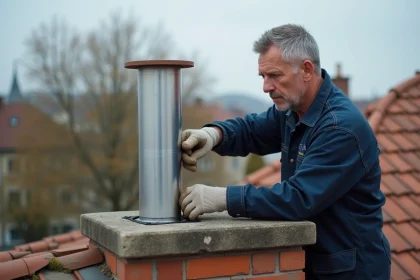 Technicien installant un tubage flexible en acier inoxydable dans une cheminée en brique sur un toit résidentiel