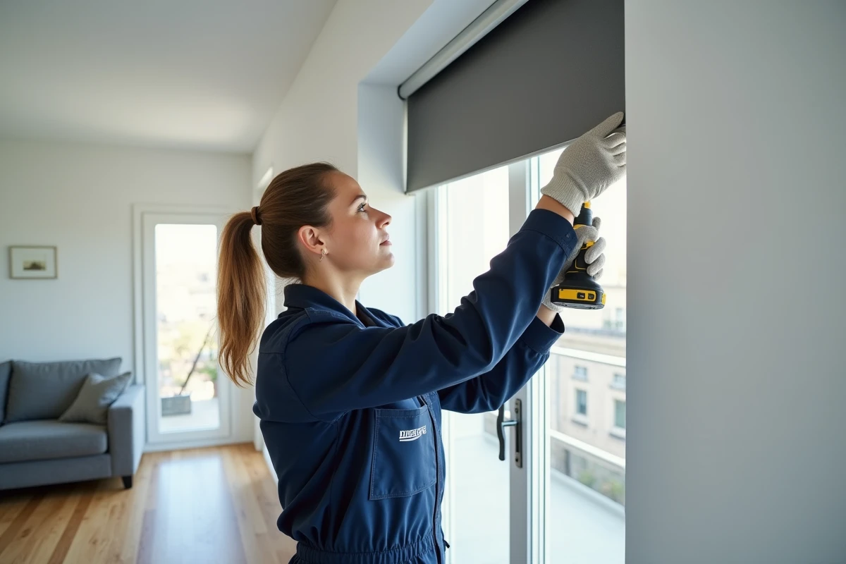 Installatrice professionnelle posant le caisson d'un volet roulant aluminium dans un appartement moderne