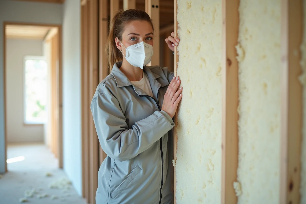 Spécialiste en rénovation présentant une paroi isolante en laine minérale installée dans une maison en construction