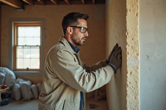 Ouvrier appliquant des panneaux isolants en mousse rigide sur un mur intérieur en briques lors de travaux de rénovation