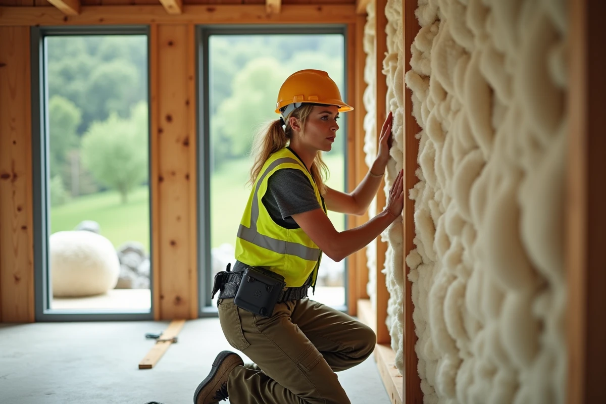 Ouvrière installant une isolation en laine naturelle dans une maison écologique à ossature bois