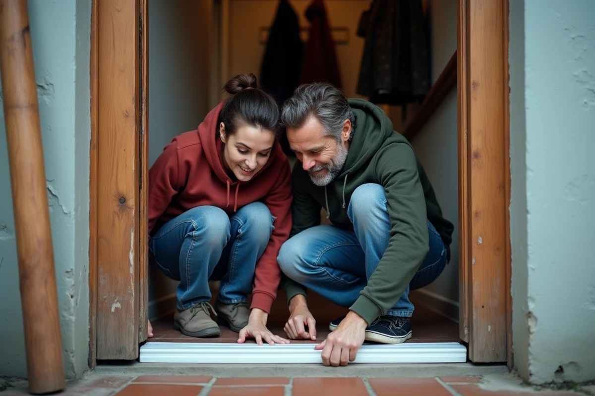 Couple posant un joint d'isolation sur une porte d'entrée ancienne pour limiter les pertes de chaleur