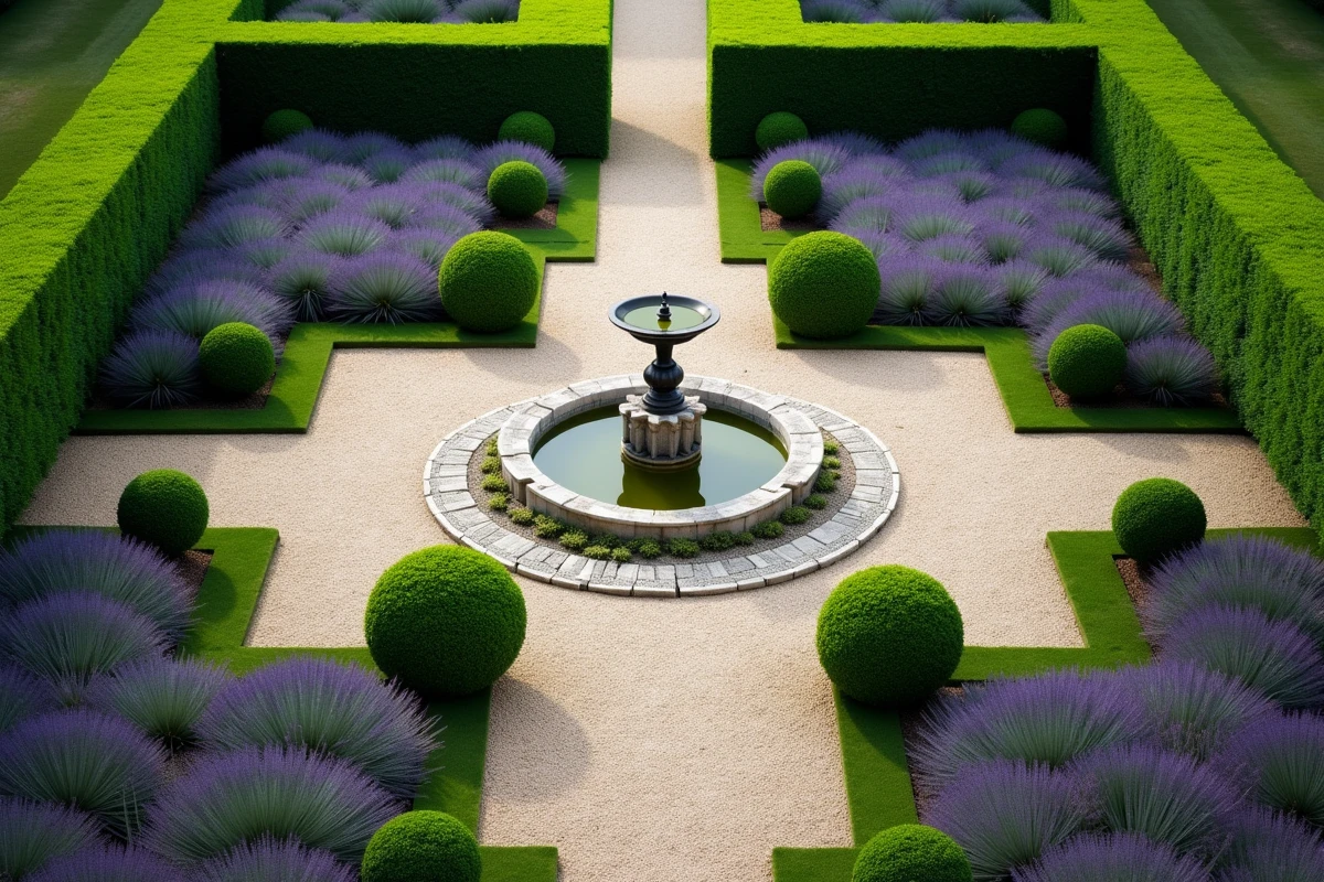 Vue aérienne d'un jardin à la française avec topiaires, lavandes et fontaine en pierre centrale