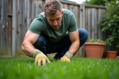 Jardinier examinant une pelouse d'herbe verte foncée et dense dans un jardin suburban