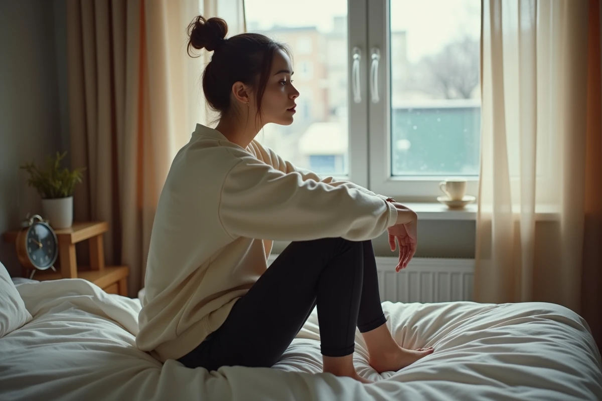 Jeune femme assise au bord du lit le matin les pieds au sol avec une expression matinale contemplative