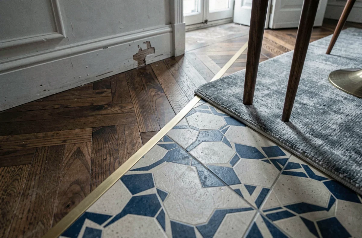 Détail de la jonction entre parquet en chevrons noyer et carrelage ciment hexagonal dans un appartement haussmannien rénové