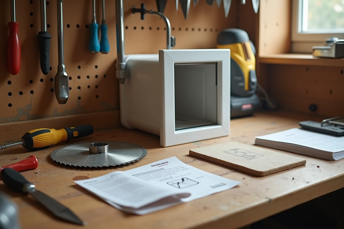 Kit d'installation de chatière avec scie cloche et outils posés sur un établi