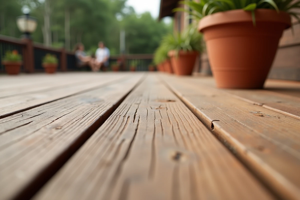 Gros plan sur des lames de terrasse en bois composite vieilli montrant la résistance aux intempéries et l'usure naturelle