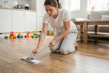 Jeune mère qui lave son parquet stratifié au balai plat dans un salon avec des jouets d'enfants en arrière-plan