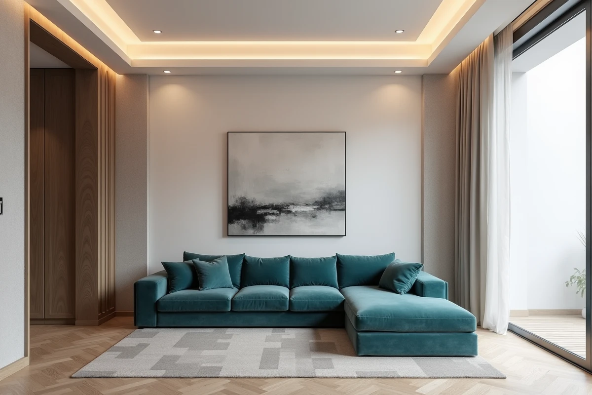 Salon contemporain avec LED encastrées dans une fausse corniche de plafond au-dessus d'un canapé d'angle sarcelle