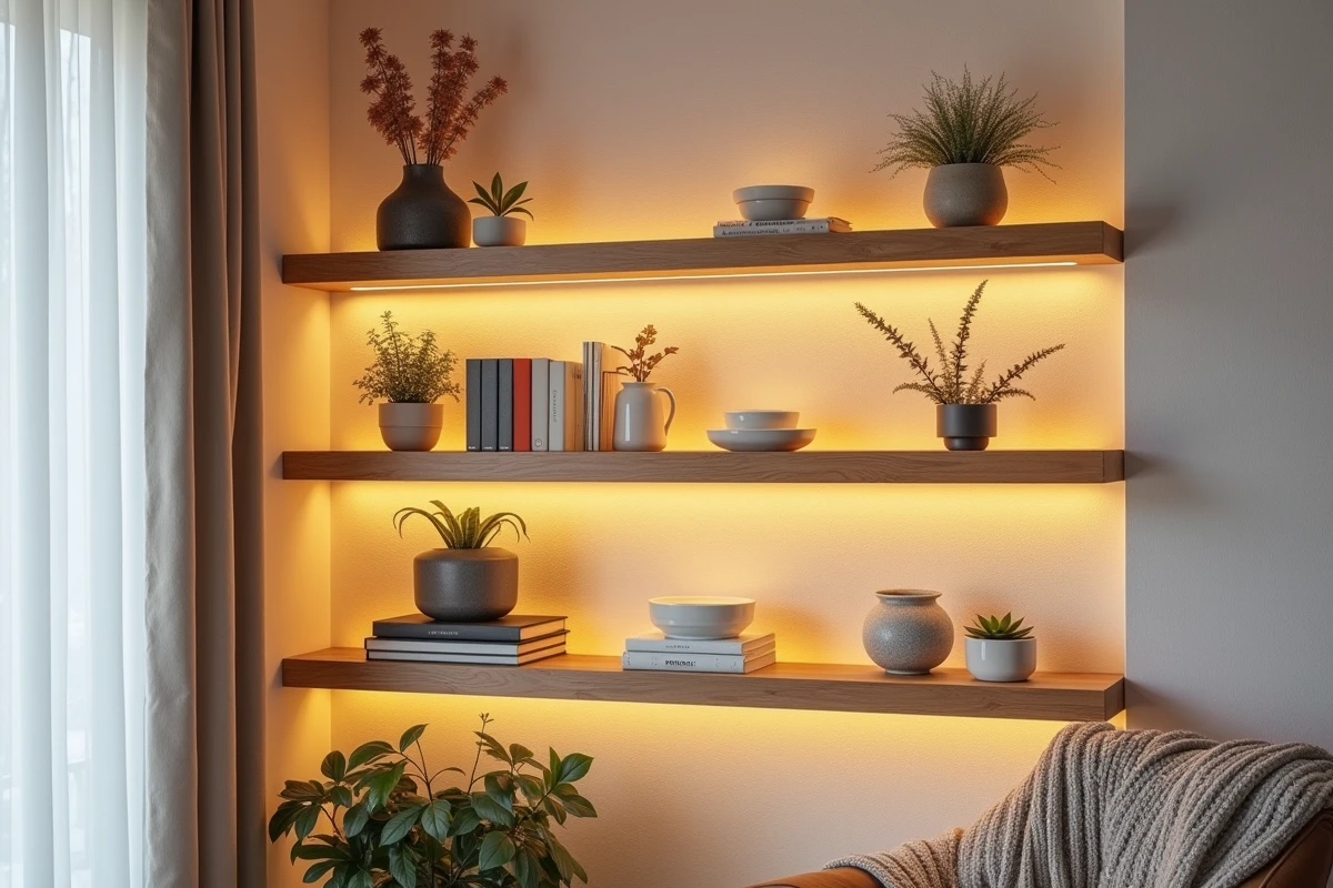 Étagères en chêne avec rubans LED intégrés dans un salon cosy aux tons chauds