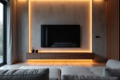 Ruban LED sous un meuble TV dans un salon moderne avec mur en béton et canapé gris