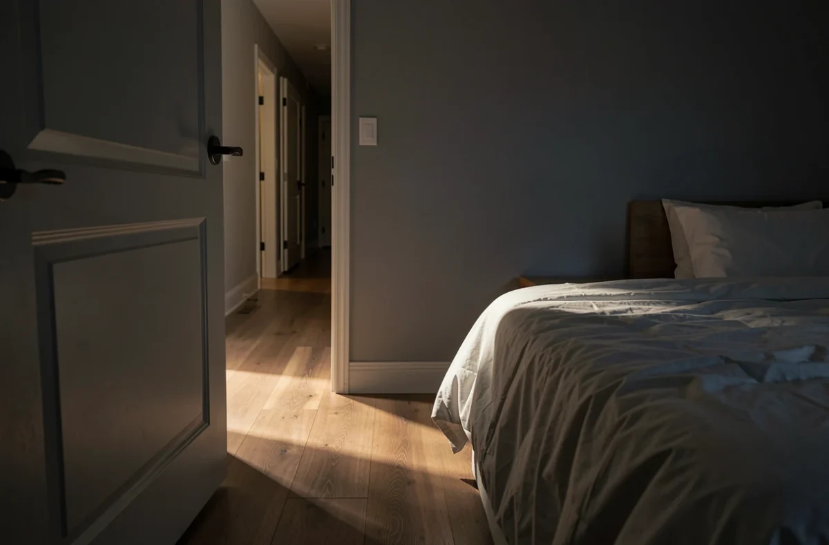 Lumière du couloir passant par une porte entrouverte sur un lit