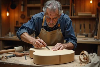 Luthier utilisant une gouge à bois courbe pour sculpter un fond de guitare en épicéa dans un atelier artisanal