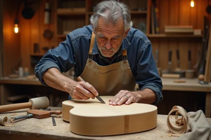 Luthier utilisant une gouge à bois courbe pour sculpter un fond de guitare en épicéa dans un atelier artisanal