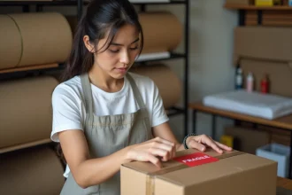 Femme appliquant un autocollant fragile rouge sur un colis en carton brun sur une table de travail en bois