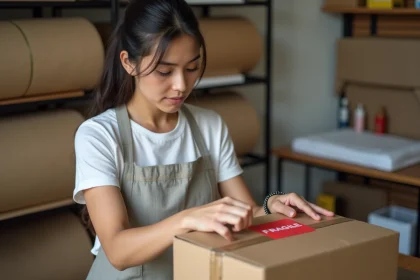 Femme appliquant un autocollant fragile rouge sur un colis en carton brun sur une table de travail en bois