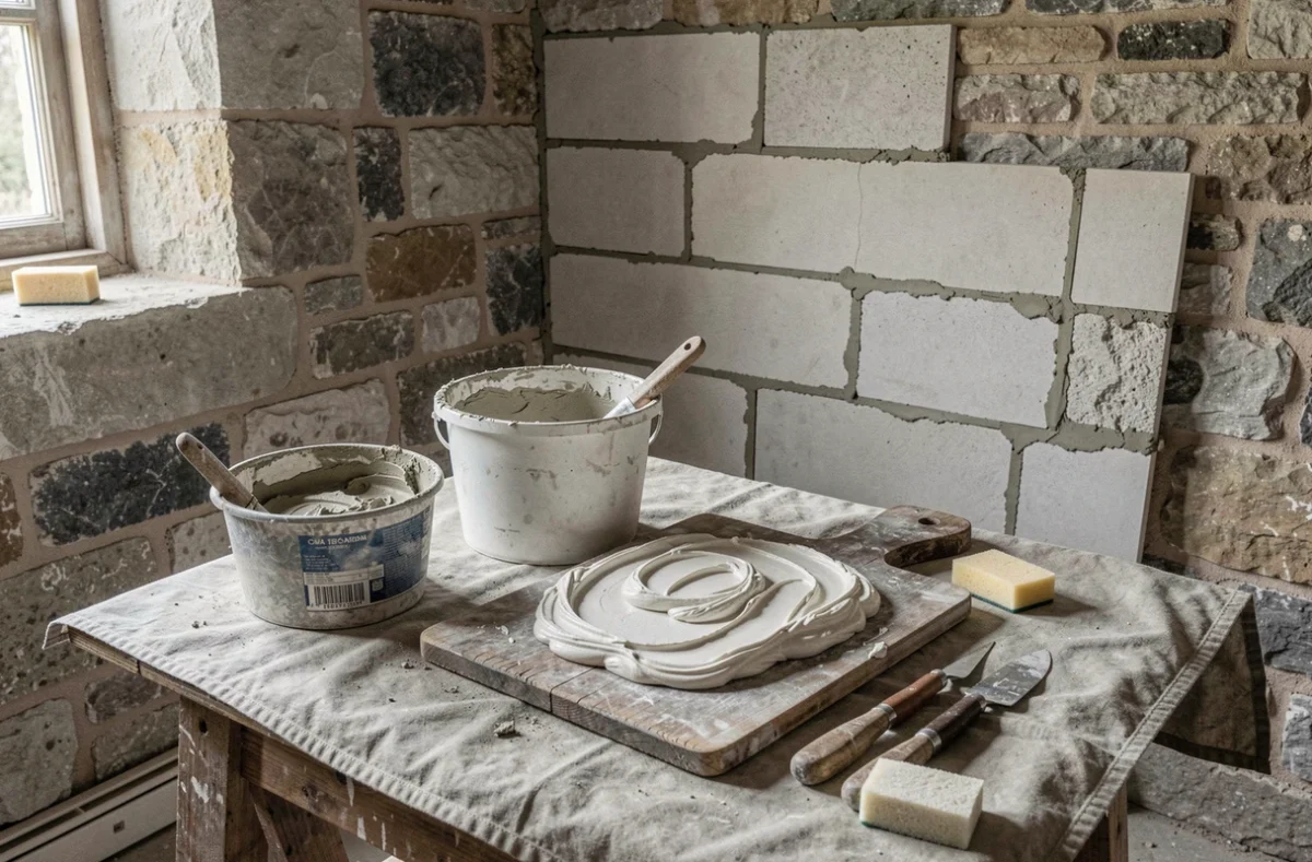 Matériel professionnel pour réaliser des joints à la chaux sur mur intérieur en cours de rénovation
