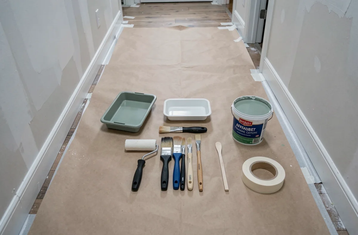 Matériel de peinture économique posé dans un couloir étroit prêt à rénover
