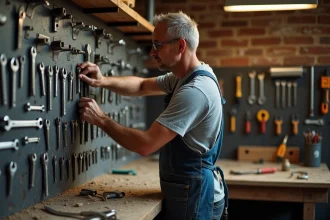 Artisan expérimenté choisissant un outil à main parmi une collection organisée d'outils professionnels dans un atelier traditionnel