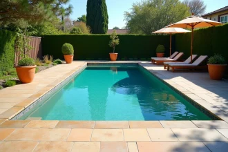 Piscine enterrée rectangulaire avec margelles en pierre naturelle et jardin aménagé en arrière-plan