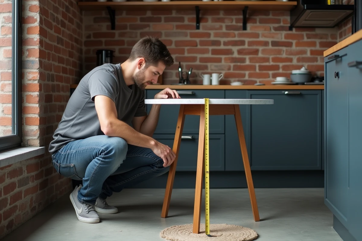 Homme mesurant l'espace entre une table ronde et un mur dans un petit appartement pour optimiser la circulation