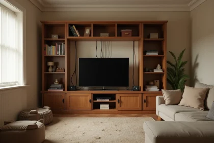 Meuble TV d'angle mal positionné dans un salon encombré avec câbles apparents et mobilier trop rapproché