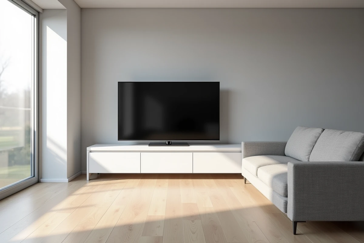 Salon déséquilibré avec un meuble TV d'angle blanc mal centré et angle de vision défavorable depuis le canapé