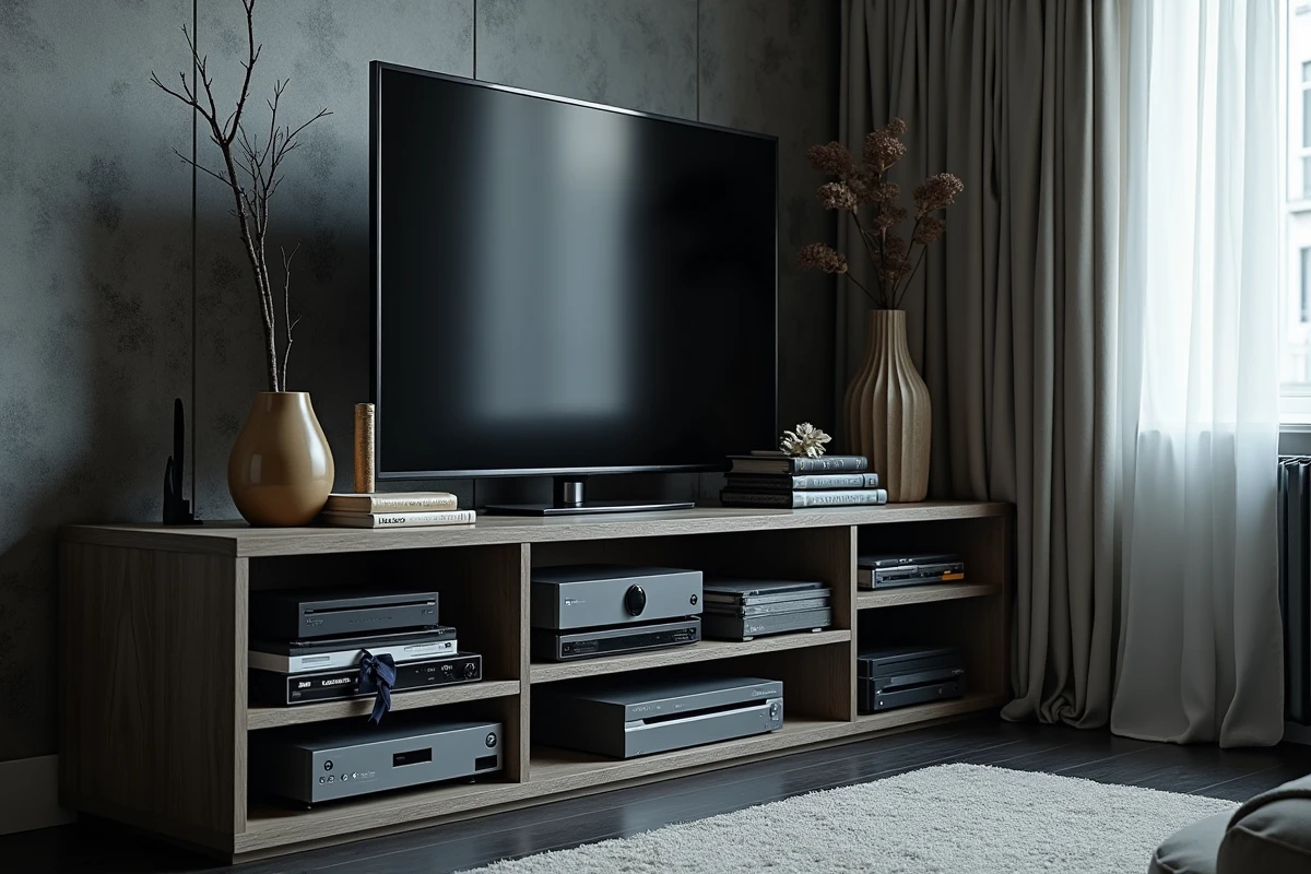 Meuble TV d'angle surchargé d'objets et mal organisé dans un appartement moderne aux étagères encombrées