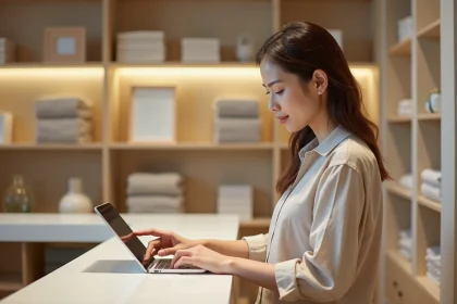 Femme modifiant son créneau de retrait en magasin Alinea sur une tablette au comptoir du service client