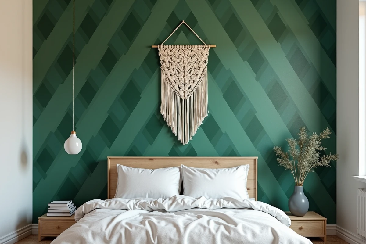 Mur de chambre habillé avec papier peint géométrique et suspension murale en macramé sans meuble