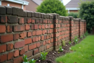 Mur de clôture en brique penchant vers l'extérieur avec des fissures diagonales visibles dans les joints de mortier, révélant une erreur de fondation dans un jardin résidentiel