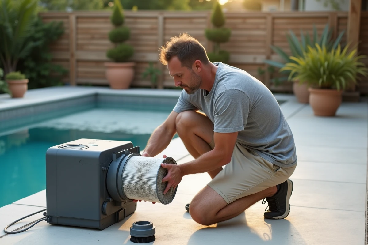 Homme nettoyant une cartouche de filtre de piscine encrassée par des particules fines et des dépôts grisâtres