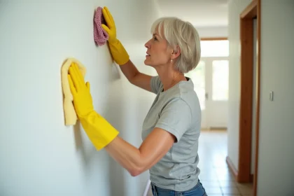 Femme nettoyant un mur intérieur blanc avec un chiffon microfibre et des gants en caoutchouc jaunes