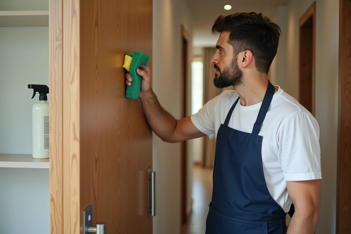 Homme nettoyant une porte en bois avec une éponge et un spray nettoyant dans un couloir moderne