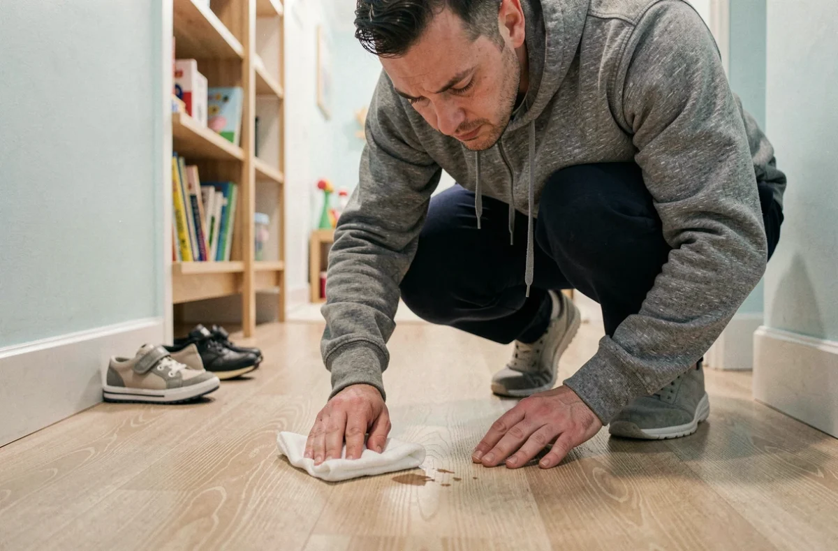 Père de famille nettoyant une tache sur un parquet stratifié avec un chiffon microfibre dans un couloir d'appartement