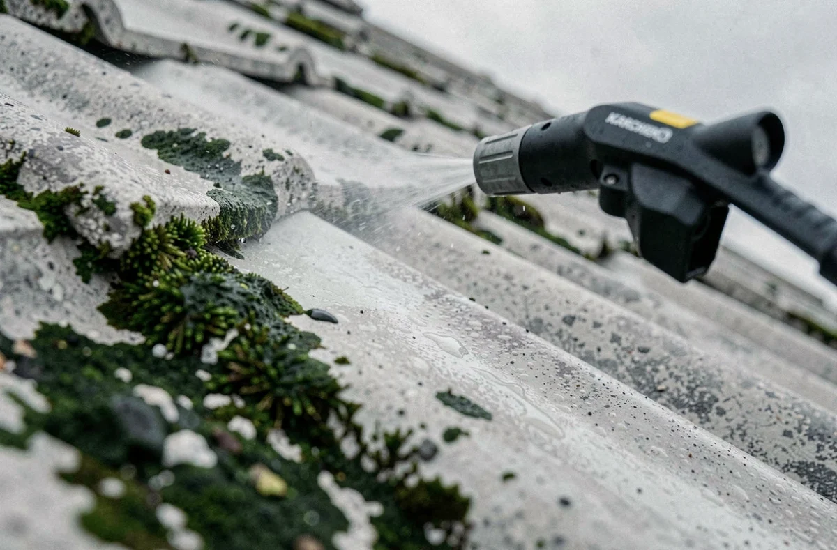 Gros plan sur des tuiles en béton nettoyées au Karcher montrant le contraste entre la surface propre et les zones envahies par l'algue