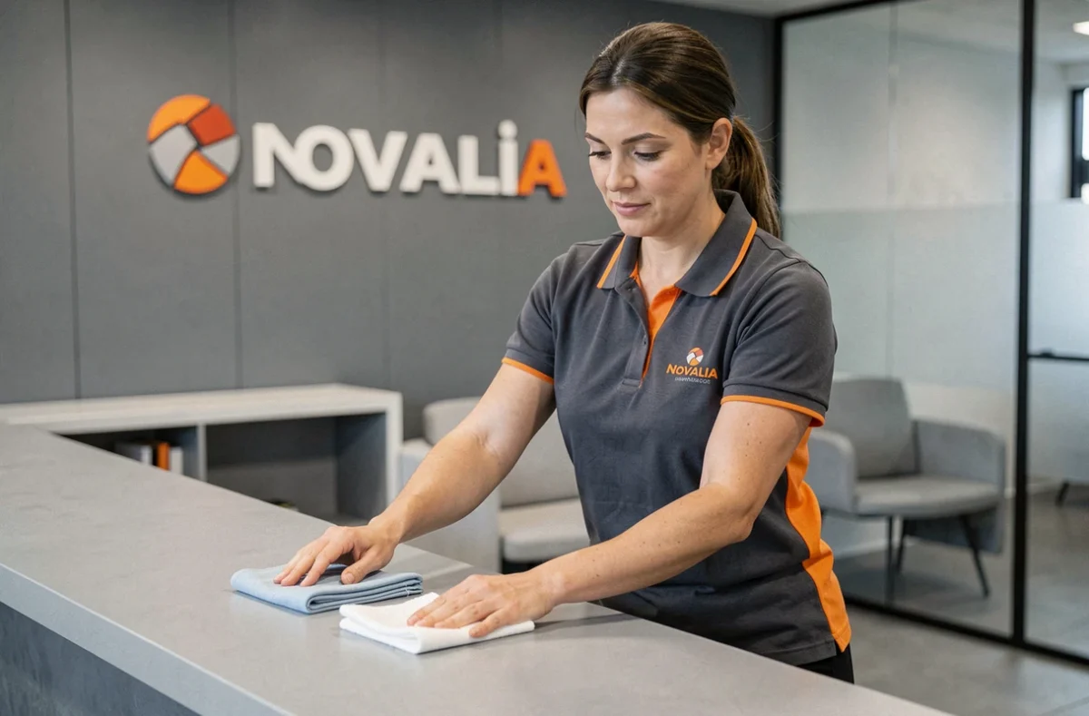 Agente Novalia Services en polo gris et orange entretenant un accueil de bureau moderne en Île-de-France