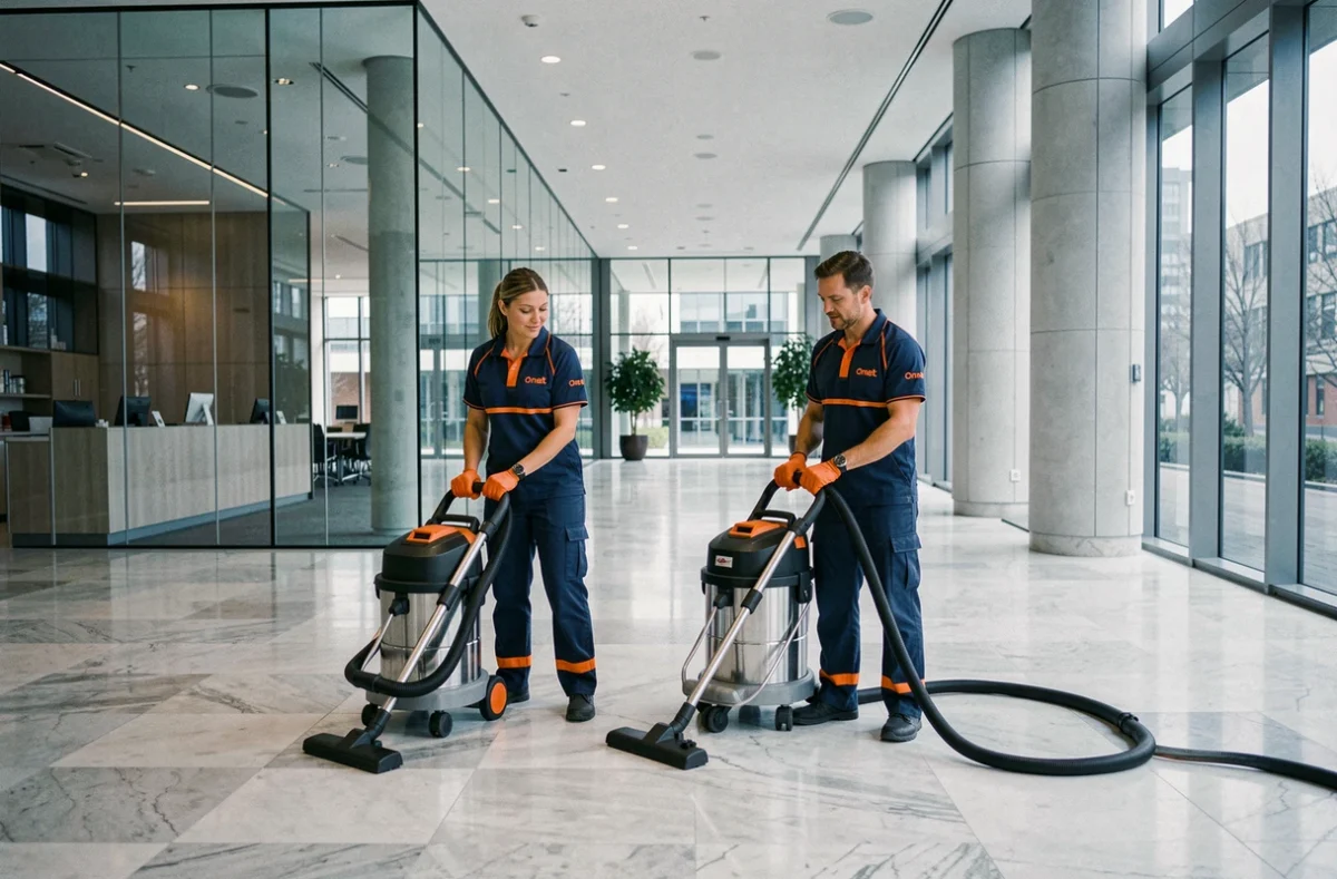 Deux agents Onet Propreté et Services en uniforme bleu et orange aspirant les sols d'un hall d'entreprise à La Défense