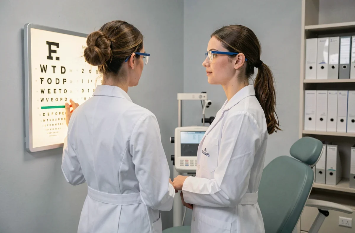 Ophtalmologiste en cabinet médical analysant les effets de l'éclairage blanc chaud sur la santé visuelle