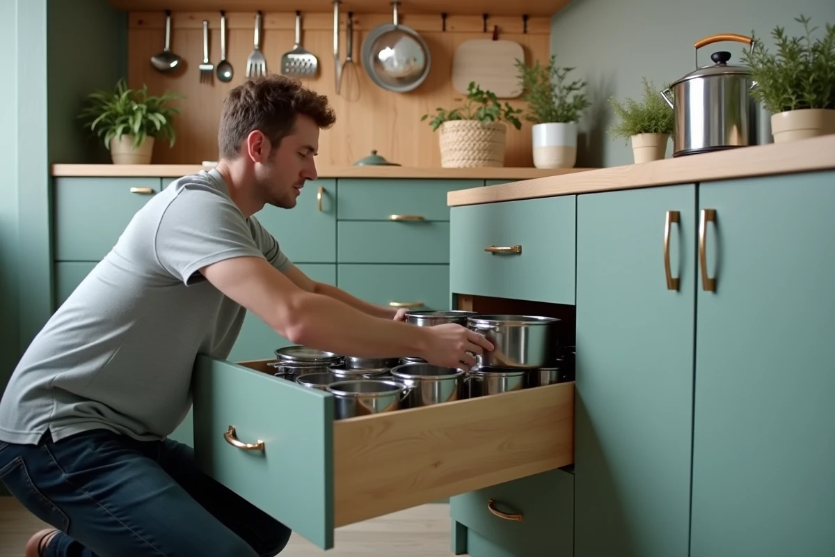 Homme organisant un tiroir profond dans une petite cuisine scandinave avec tableau perfore mural